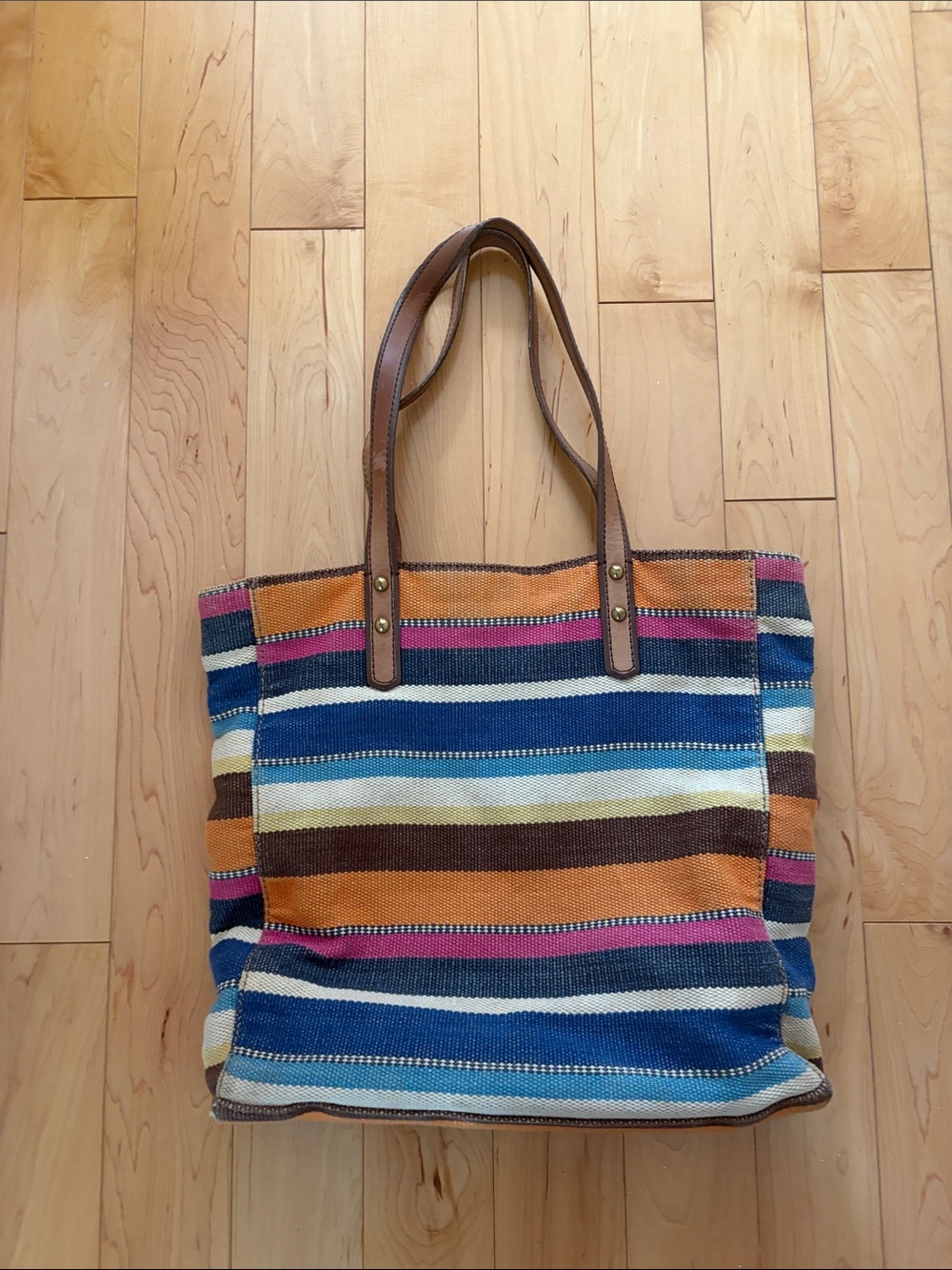 Fossil Multicolor Striped Canvas Tote with Brown Leather Handles